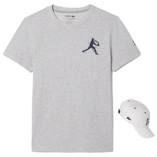Pack Camiseta Lacoste Novak Djokovic Gris y Gorra Blanco